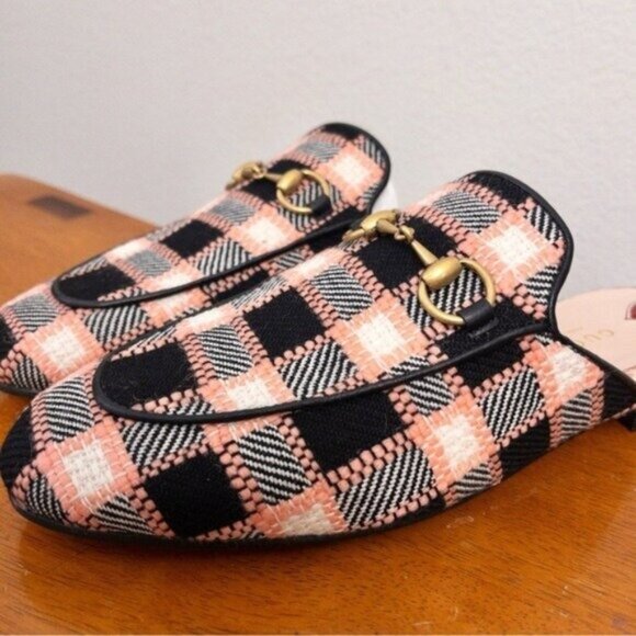 NIB Gucci Princetown Bit Logo Loafer 36 Fancy Tweed Damier Black Pink Mule Slide - Picture 1 of 14